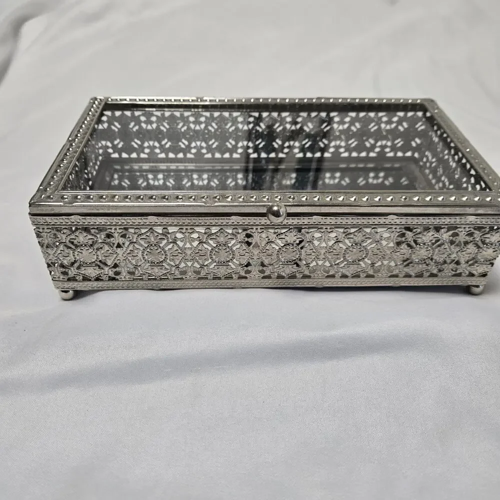 Ornate Glass And Metal Jewelry Box